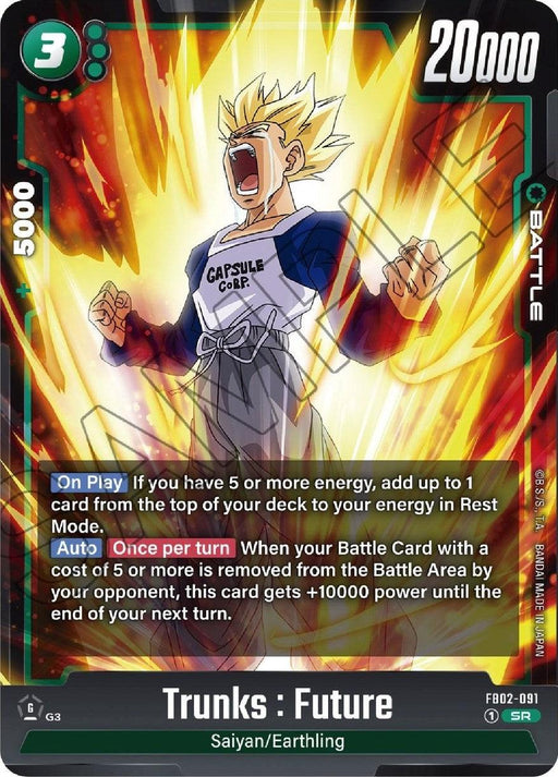 A Dragon Ball Super: Fusion World trading card features Trunks : Future [Blazing Aura] with blond spiky hair in a white and blue jacket, shouting with an intense expression. The card has 20000 power and belongs to the "Battle" category, showcasing his Blazing Aura. Text details abilities "On Play" and "Auto Once per turn.