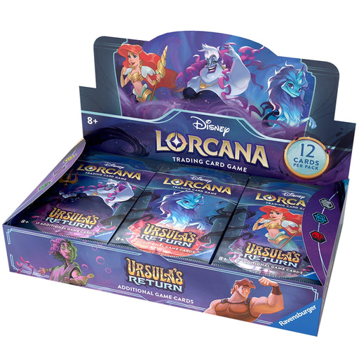 Image of a display box containing Disney's Ursula's Return - Booster Box packs with an "Ursula's Return" theme. The box features characters from Disney's The Little Mermaid, including Ariel, Ursula, and King Triton. The packs are arranged in rows, and the display is suitable for ages 8 and up.