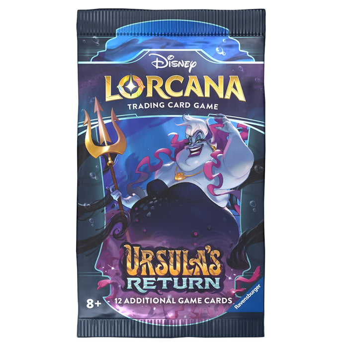 A pack of Disney's Ursula's Return - Booster Pack featuring Ursula's Return. The packaging showcases Ursula, a character from Disney's "The Little Mermaid," wielding her trident against a dark oceanic backdrop. Text at the bottom indicates 12 additional game cards. Suitable for ages 8 and up.
