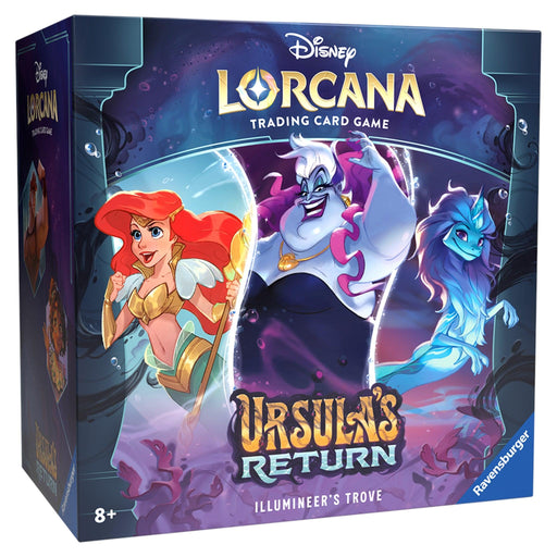The image showcases a box for the Disney Ursula's Return - Illumineer's Trove. It features illustrations of Ariel, Ursula, and a blue aquatic horse-like creature against a mystical, ocean-themed background. Labeled for ages 8 and up, it's part of the "Illumineer's Trove" collection.