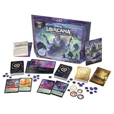 Image of Disney Ursula's Return - Illumineer's Quest: Deep Trouble trading card game set. The set includes a game box, various cards, tokens, a rule book, and a few booster packs. The box features art of Disney characters in a mystical setting with shades of purple and gold. Look out for Ursula's Return in this enchanting Trading Card Game!