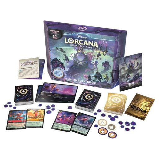 Image of Disney Ursula's Return - Illumineer's Quest: Deep Trouble trading card game set. The set includes a game box, various cards, tokens, a rule book, and a few booster packs. The box features art of Disney characters in a mystical setting with shades of purple and gold. Look out for Ursula's Return in this enchanting Trading Card Game!