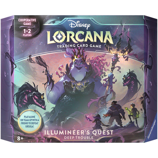 The image shows the box of the Disney Ursula's Return - Illumineer's Quest: Deep Trouble. It features a menacing Ursula from "The Little Mermaid" with glowing tentacles and two other villains against a magical, swirling background. The game is for 1-2 players, ages 8 and up.