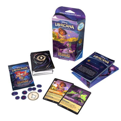 Image of Disney's Ursula's Return - Starter Deck (Amber & Amethyst). The set includes the deck box, a deck of cards, tokens, guidebook, and two illustrated character cards displayed in front. The colorful packaging features characters from Disney's animated film "The Little Mermaid" and invites you to explore a magical realm.