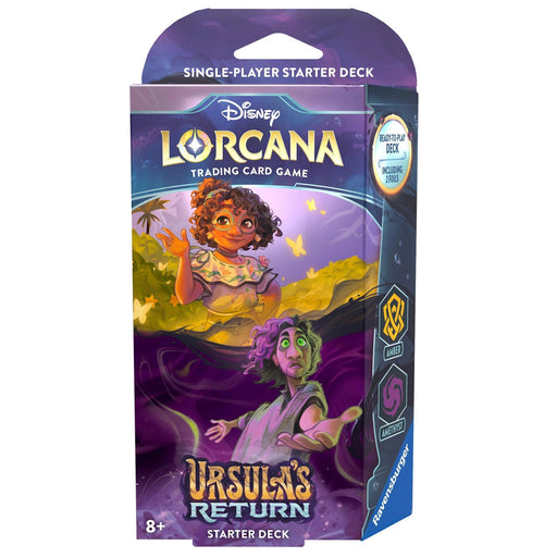 The image shows the packaging of a Disney trading card game titled "Ursula's Return - Starter Deck (Amber & Amethyst)." This Disney starter deck transports players to a magical realm, featuring colorful illustrations of characters. Designed for single-player use, it's suitable for ages 8 and up and includes 60 cards.