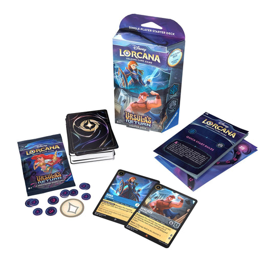 An opened Ursula's Return - Starter Deck (Sapphire & Steel) by Disney for single players. The set includes a deck of cards, a rule book, counters, and two highlighted cards featuring Captain Hook and Maui. The deck box showcases Ursula from "The Little Mermaid" and is titled "Ursula's Return," perfect for adding to starter decks or pairing with a booster pack.