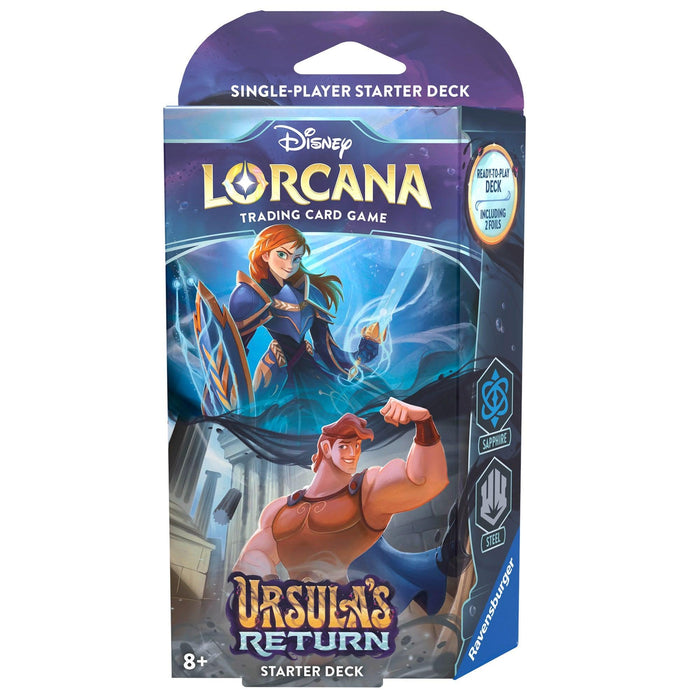 Image of a Disney Ursula's Return - Starter Deck (Sapphire & Steel) package. The front shows vibrant artwork of Ursula, a red-haired female warrior, and a muscular male character. The box highlights inclusions like 60 cards and tokens, specifies it's for ages 8 and up, perfect for expanding with booster packs.