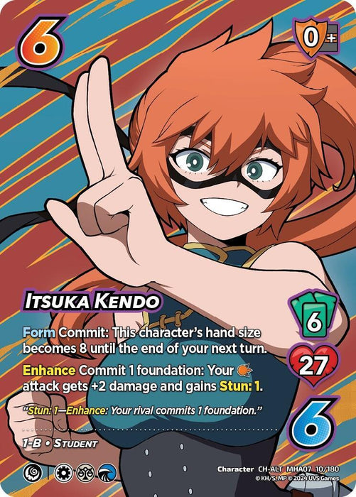 Image of a trading card for the Character Itsuka Kendo (Alternate Art) [Girl Power]. She has orange hair styled in a ponytail and is making a hand gesture with her left hand. Text on the card includes her name, various game statistics, and Stun: 1. The background is composed of colorful, diagonal streaks. This card is part of the UniVersus brand.