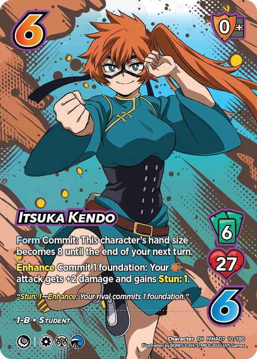 A Character Rare card featuring Itsuka Kendo from the UniVersus Collectible Card Game. Itsuka Kendo [Girl Power] is depicted in a fighting stance with a confident expression. The card highlights her stats, including a health of 27 and speed of 6, as well as her hand size and special abilities like Stun effects.