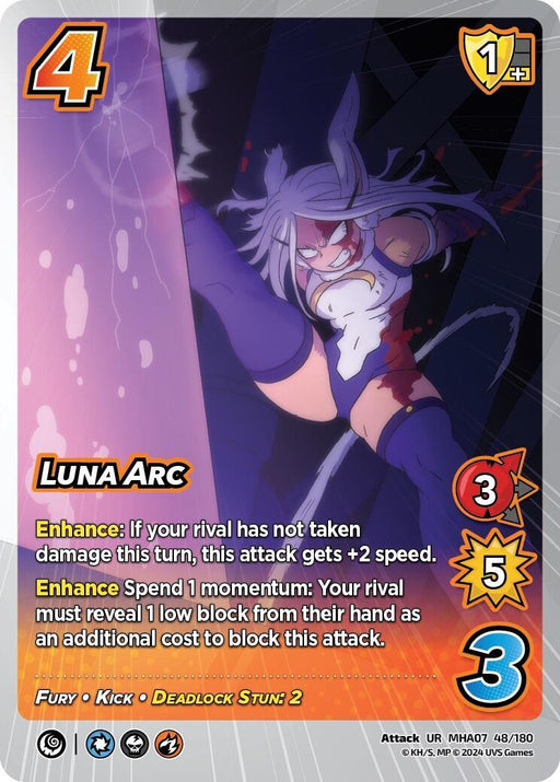 A card from the UniVersus Collectible Card Game showcases an anime-style character with white hair and bunny ears, donning a blue outfit and kicking through a purple background. This Ultra Rare card's text reads: "Luna Arc [Girl Power]" with various stats and abilities listed, including "Enhance" and "Attack Fury.