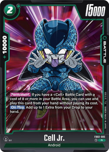 A Dragon Ball Super: Fusion World Battle Card titled "Cell Jr. [Blazing Aura]" showcases the blue, insect-like character Cell Jr. with hands outstretched and a blazing aura. The card features a green and black border, with "15000" in the top right corner and "2" in the top left, along with detailed text highlighting various effects and abilities.