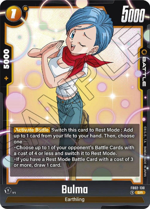 A Dragon Ball Super: Fusion World trading card featuring Bulma [Blazing Aura]. She is depicted winking, holding her face with her right hand, wearing a red scarf and a blue outfit with a white top. The Super Rare card has a power value of 5000 and is classified as a "Battle" card with detailed game actions and abilities.