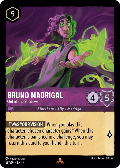 A rare Disney Lorcana trading card featuring "Bruno Madrigal - Out of the Shadows (38/204) [Ursula's Return]." The card's cost is 5, with a power of 4 and willpower of 5. Its effect, "It Was Your Vision," echoes Ursula's Return by allowing Bruno to return to your hand when banished in a challenge. The card is illustrated by Aubrey Archer.