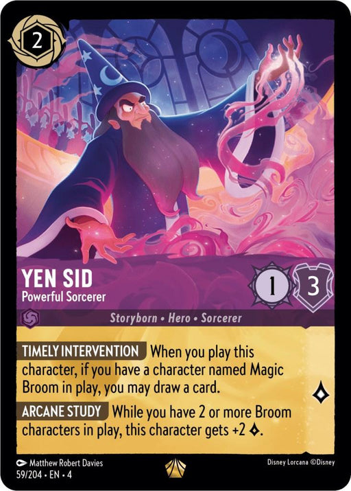 A Disney trading card titled "Yen Sid - Powerful Sorcerer (59/204) [Ursula's Return]." It features an elderly wizard with a long purple beard and hat, casting magical spells. The card details various stats and abilities, including Timely Intervention and Arcane Study. It was illustrated by Matthew Robert Davies.