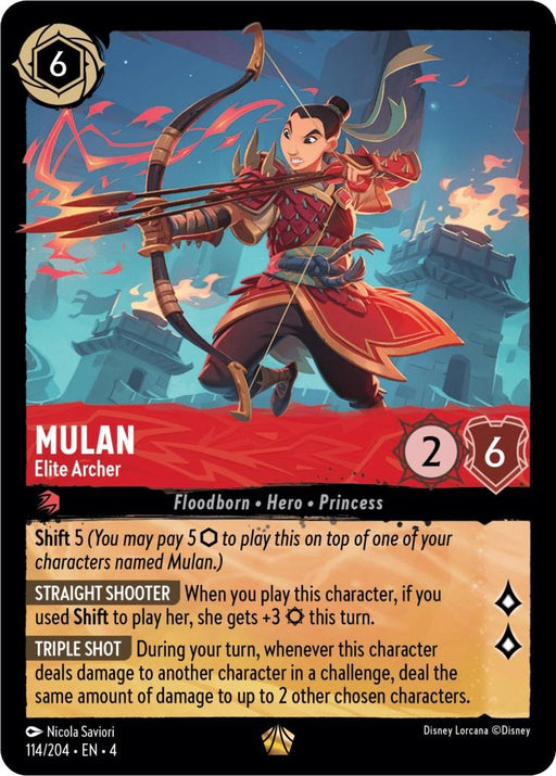 Image of a Disney Lorcana trading card featuring the Legendary Character "Mulan - Elite Archer (114/204) [Ursula's Return]." Mulan is illustrated drawing a bow and arrow with a fiery background. The card shows a cost of 6, attack value of 2, and defense value of 6. Abilities include Shift 5, Straight Shooter, and Triple Shot.