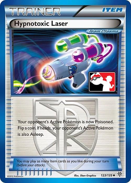 Uncommon Pokémon card titled "Hypnotoxic Laser (123/135) (Team Plasma) [League & Championship Cards]" from Pokémon. It depicts a laser gun emitting colorful beams with three test tubes attached and a Team Plasma emblem. As an Item card, flipping a coin could poison and possibly put the opponent's Active Pokémon to sleep. Numbered 123/135.