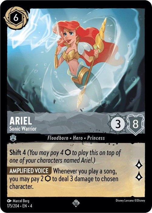 Image of a super rare collectible card featuring the animated character Ariel from Disney. The card has a black border and showcases Ariel holding a trident amid a swirling water background. Text indicates her attributes: 6-cost, 3 attack, 8 defense, with abilities "Shift 4" and "Amplified Voice." This is the Ariel - Sonic Warrior (175/204) [Ursula's Return] from Disney.