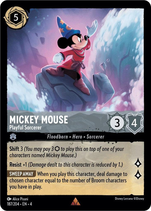 An image of a Disney trading card featuring Mickey Mouse - Playful Sorcerer (187/204) [Ursula's Return]. The card shows Mickey in red sorcerer's attire, standing atop rocks with a glowing aura. It has a cost of 5, strength of 3, and willpower of 4. Text details game mechanics like Shift, Resist, and Ursula's Return abilities.