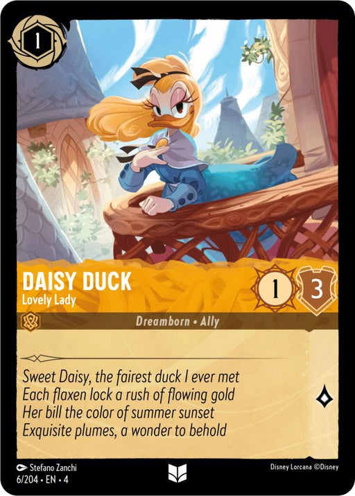 A card featuring **Daisy Duck - Lovely Lady (6/204) [Ursula's Return]** from Disney with blonde hair in a ponytail, dressed in a blue dress, and standing on a wooden balcony. The background shows a picturesque village with mountains. The card attributes include costs and power stats. Text below describes Daisy Duck's appearance and charm.