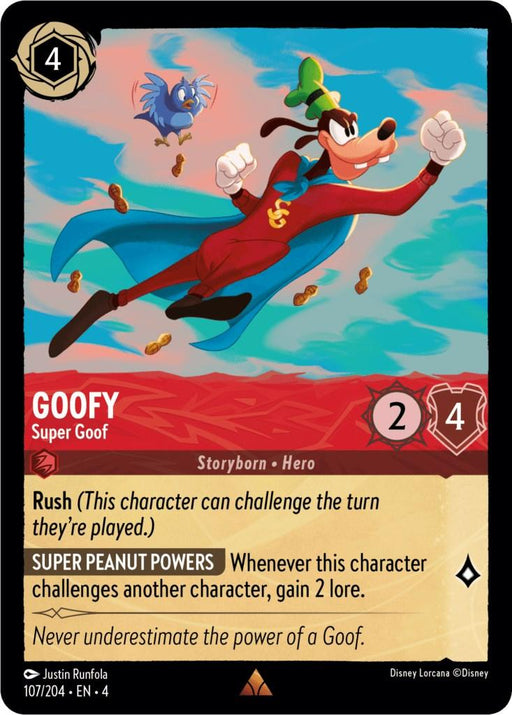 A rare Disney Lorcana trading card showcases Goofy - Super Goof (107/204) [Ursula's Return] as "Super Goof" in a superhero costume, flying mid-air with a red cape and coins around him. With a cost of 4, strength of 2, and willpower of 4, his special abilities are "Rush" and "Super Peanut Powers". The colorful sky background adds to the charm.