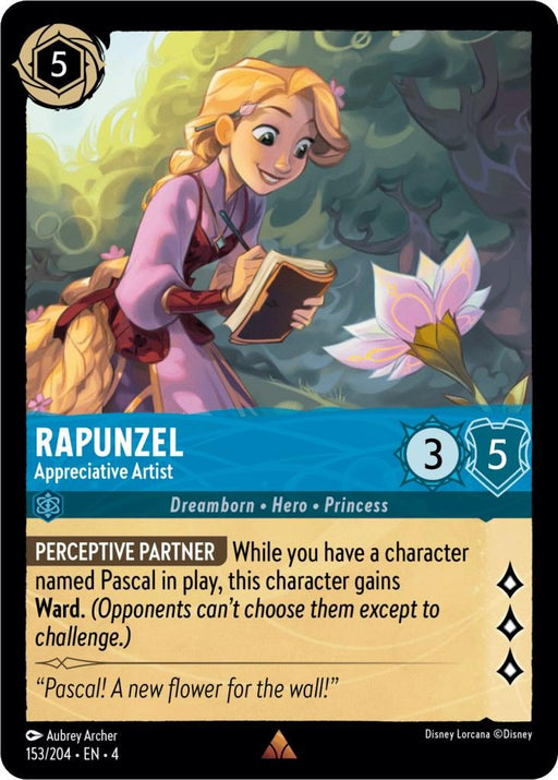 A rare card from Disney featuring Rapunzel - Appreciative Artist (153/204) [Ursula's Return]. In a pink dress with blonde hair, she holds a sketchbook and smiles at a glowing flower. The card has a cost of 5, with 3 attack and 5 defense. Text reads “Perceptive Partner” with Ward ability, and dialogue, “Pascal! A new flower for the wall.”
