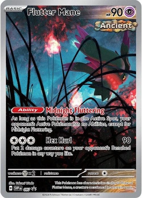 A Pokémon trading card depicting Flutter Mane (097) [Scarlet & Violet: Black Star Promos], part of the Pokémon series. It has a HP of 90 and is classified as "Ancient." Featuring abilities "Midnight Fluttering" and the attack "Hex Hurl," the background shows a dark, eerie forest with red and black hues, and the Pokémon resembles a ghostly figure.