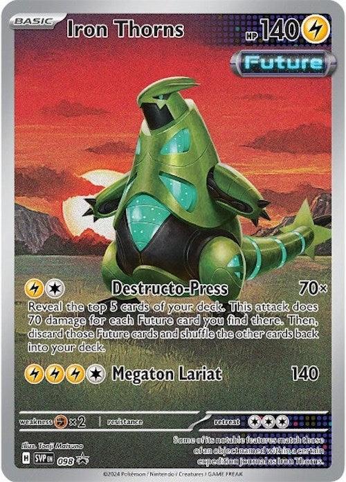 A Pokémon Iron Thorns (098) [Scarlet & Violet: Black Star Promos] trading card with 140 HP. The card shows an armored green, black, and yellow Lightning-type Pokémon. It has two moves: "Destructo-Press" and "Megaton Lariat." The card features detailed stats, abilities, standard Pokémon design elements, the Future Paradox label, and Scarlet & Violet: Black Star Promos rarity.