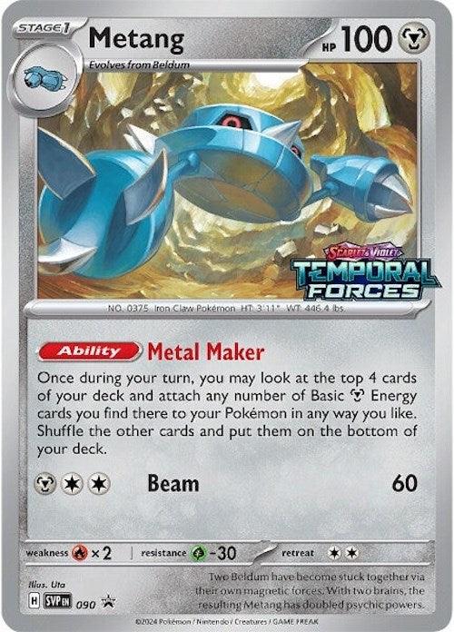 A Pokémon trading card for Metang (090) [Scarlet & Violet: Black Star Promos]. It has 100 HP and evolves from Beldum. The card features the "Metal Maker" ability and a "Beam" attack which deals 60 damage. The weaknesses, resistances, and retreat costs are listed at the bottom of this Pokémon Black Star Promo.