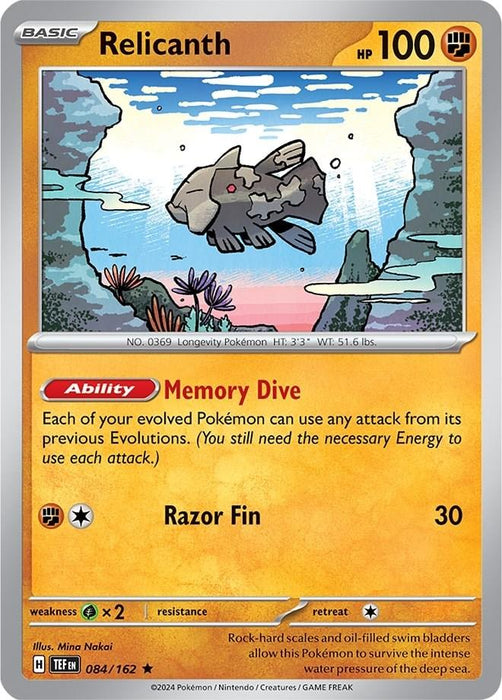 The image is of a Pokémon trading card for Relicanth (084/162) (Theme Deck Exclusive) [Scarlet & Violet: Temporal Forces] from Pokémon. It has 100 HP and is labeled as a "Longevity Pokémon." The card features an illustration of Relicanth underwater with rock formations and light rays from the surface. Its abilities are "Memory Dive" and "Razor Fin" with 30 attack points.