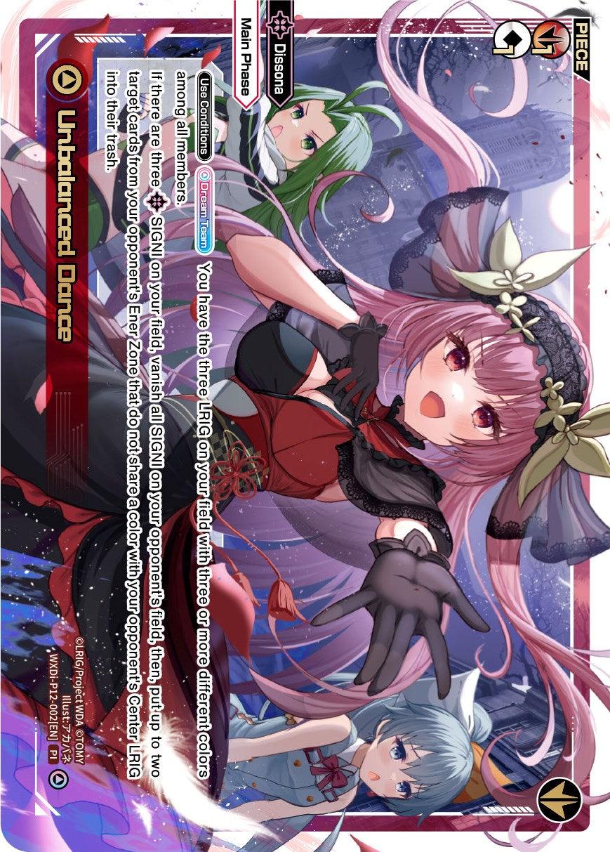 A vibrant trading card features three anime-style characters in dynamic poses. Titled 