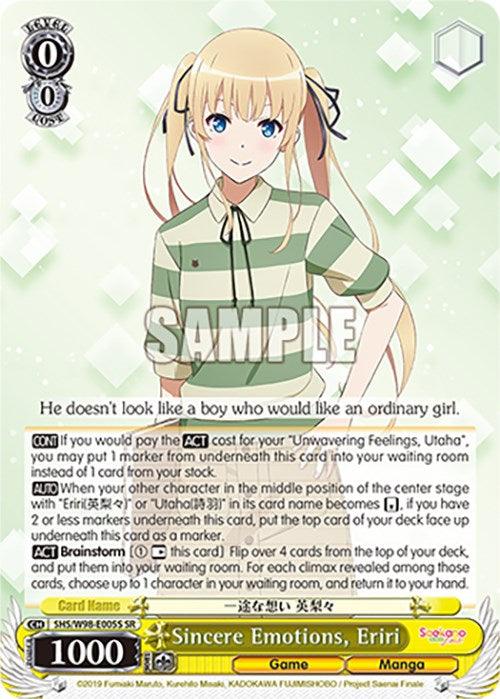 A super rare card from Saekano the Movie: Finale features a blonde anime girl with blue eyes, wearing a green and white striped blouse. She stands against a green background adorned with star patterns. Titled "Sincere Emotions, Eriri (SHS/W98-E005S SR) [Saekano the Movie: Finale]" it has gameplay information and stats boasting a power of 1000 by Bushiroad.