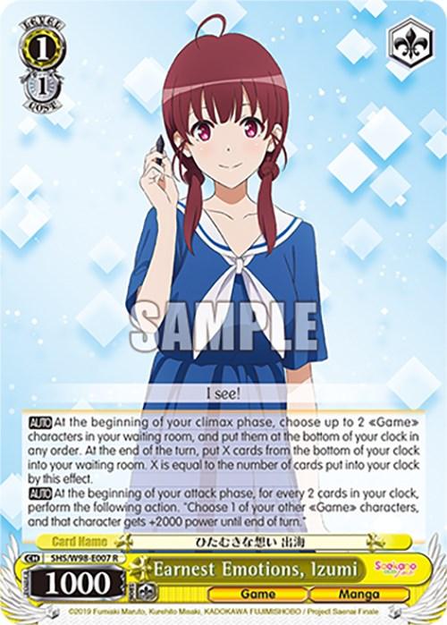 A Rare Character Card from "Saekano the Movie: Finale" features a young girl named Izumi in a blue dress with a white collar and bow. With red hair in low pigtails, she raises her right hand. The card, "Earnest Emotions, Izumi (SHS/W98-E007 R) [Saekano the Movie: Finale]," showcases Bushiroad traits like level 1 and power 1000 against a gradient blue background with star motifs.
