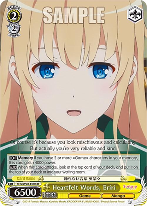 A trading card depicts an anime-style character with long blonde hair and blue eyes from "Saekano the Movie: Finale." Text above and below the character includes stats and abilities, such as "CON: Memory" and attack points. The rare card's title reads **Heartfelt Words, Eriri (SHS/W98-E008 R) [Saekano the Movie: Finale]** in yellow at the bottom. This collectible is produced by **Bushiroad**.