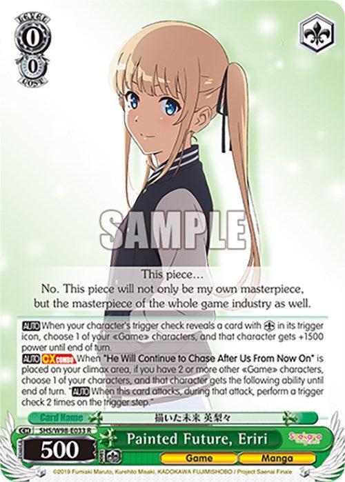 Rare character card depicting a young woman with long blonde twin tails wearing a school uniform, set against a green gradient background. Titled "Painted Future, Eriri (SHS/W98-E033 R) [Saekano the Movie: Finale]" from Bushiroad, with stats and abilities listed below. The word "SAMPLE" is stamped in white across the card.