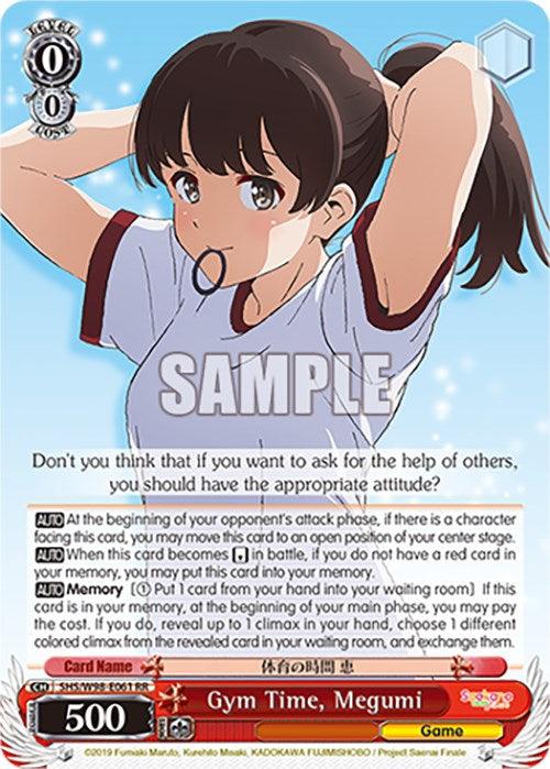 A Double Rare collectible trading card features "Gym Time, Megumi (SHS/W98-E061 RR) [Saekano the Movie: Finale]" from Bushiroad. It shows an animated girl with brown hair in a ponytail, wearing a white and red gym shirt, raising her fists energetically. Below her image, the card details various game instructions and stats, including level 0 and power 500.