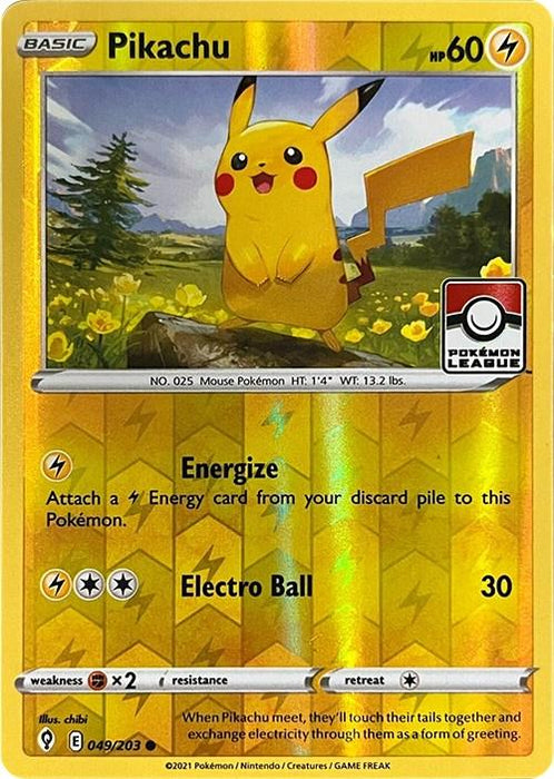 A Pokémon Pikachu (049/203) (2023 2024 League Promo) [League & Championship Cards] featuring Pikachu with 60 HP. Pikachu is set against a sunset background with mountains. The card has moves "Energize" and "Electro Ball." It lists its stats, mouse Pokémon type, height 1'4", weight 13.2 lbs, and is numbered 049/203 with a Lightning bolt Pokémon League stamp.