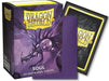 A box of Arcane Tinmen Dragon Shield: Standard 100ct Sleeves - Soul (Dual Matte) is depicted. The box features a dragon with orbs on a purple background. Next to the box are a single metallic purple sleeve and the black backside of another sleeve. The Dragon Shield logo is prominently displayed on the box and the sleeve.