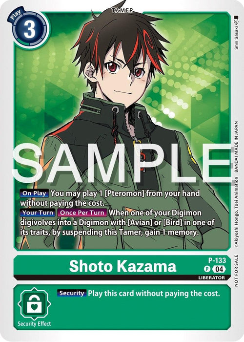 A Digimon card features a character with spiky red and black hair, wearing a dark green jacket. The card is labeled "Shoto Kazama [P-133] [Promotional Cards]," one of the renowned Tamers, with gameplay effects listed in several sections. A "SAMPLE" watermark covers most of the image. The green background showcases a digital pattern.
