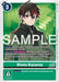 A Digimon card features a character with spiky red and black hair, wearing a dark green jacket. The card is labeled "Shoto Kazama [P-133] [Promotional Cards]," one of the renowned Tamers, with gameplay effects listed in several sections. A "SAMPLE" watermark covers most of the image. The green background showcases a digital pattern.