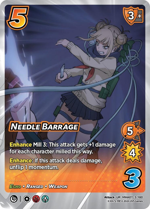 A card depicting a female character mid-attack, dressed in a school uniform, holding weapons in both hands. The Ultra Rare card "Needle Barrage [Girl Power]" from UniVersus has stats: cost 5, attack 5, speed 4, and block 3 mid. Card abilities include Enhance Mill 3 and an additional Enhance effect. The design features a purple and orange border.