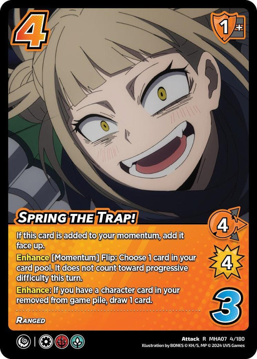A rare trading card features a grinning character with sharp teeth and light brown hair in pigtails. Titled "Spring the Trap! [Girl Power]," it boasts stats of 4 attack, 4 speed, and 3 difficulty. The game mechanics text includes details about momentum, enhancing, and drawing cards. The card is part of the UniVersus collection.