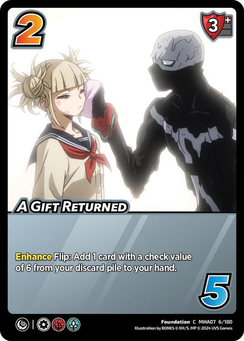 A card from the UniVersus Collectible Card Game featuring "A Gift Returned [Girl Power]" with a rarity symbol. It shows an illustration of two characters: a female in a school uniform holding a handkerchief and a muscular, black-suited masked figure wiping their face. The card text reads "Enhance Flip: Add 1 card with a check value of 6 from your discard pile to your.