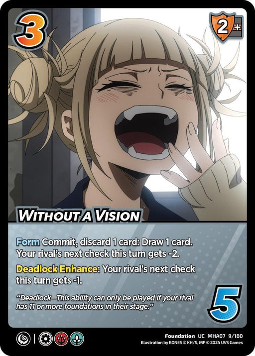 A trading card featuring an animated character with blonde hair in pigtails, fangs revealed through an open mouth, and wearing a dark outfit. The card, titled "Without a Vision [Girl Power]" by UniVersus, includes stats: 3 difficulty, 2+ block, and 5 control, along with gameplay instructions. Ideal for any Card Game enthusiast.