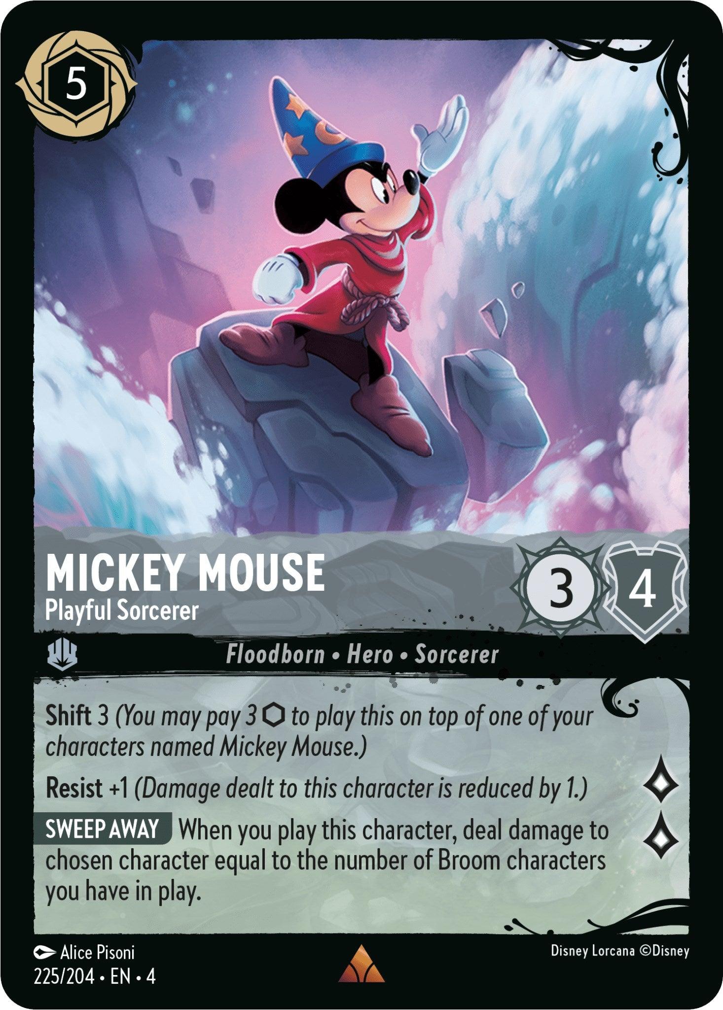 A rare card from Disney Lorcana featuring Mickey Mouse dressed as a sorcerer. Titled 