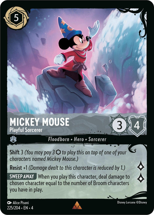 A rare card from Disney Lorcana featuring Mickey Mouse dressed as a sorcerer. Titled "Mickey Mouse - Playful Sorcerer (225/204) [Ursula's Return]," it is identified as a Floodborn, Hero, Sorcerer character with 3 Strength and 4 Willpower. Abilities include Shift, Resist, and Sweep Away. The artwork depicts Mickey casting a spell amidst rocky terrain with an ethereal
