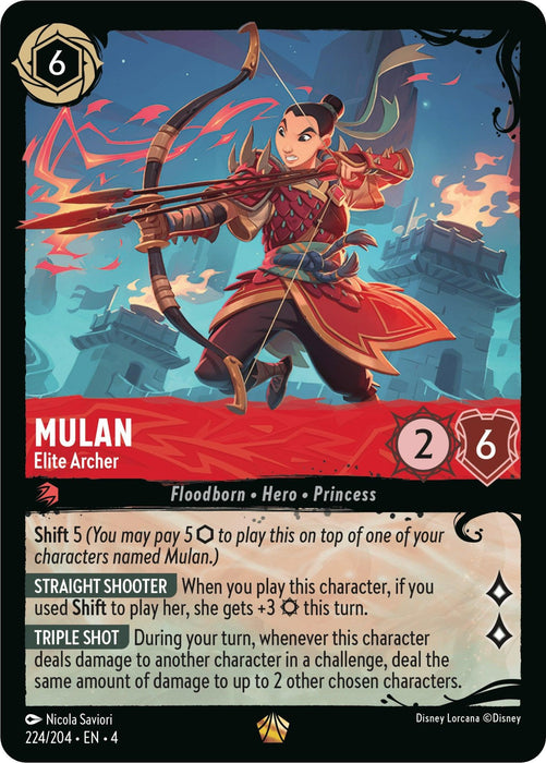A trading card of Mulan, labeled "Mulan - Elite Archer (224/204) (244/204) [Ursula's Return]," with an attack of 2 and a defense of 6. Mulan is depicted in mid-action with a bow and arrow, and the background features a vibrant, animated scene with a fortress. This legendary Disney card includes various descriptions and abilities.