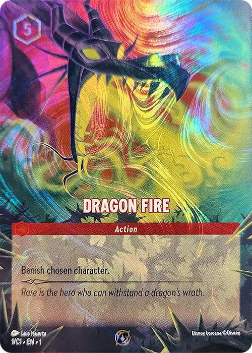 A vibrant card featuring swirling fire and dark smoke depicts a menacing dragon head with its mouth widely opened. Titled "Dragon Fire," it is labeled as an Action card with a cost of 5. The text reads, "Banish chosen character. Rare is the hero who can withstand a dragon's wrath." This promo card from Disney's Promo Cards series will be released on 2024-05-25.