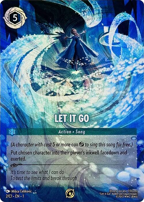 A promo card titled "Let It Go (2)" from Disney Lorcana. The card showcases an illustration of a female character in a blue dress, surrounded by swirling icy patterns. As an Action - Song type card, it has a Cost Ink of 5 and is scheduled for release in 2024. This card includes gameplay mechanics and features a quote from the song.