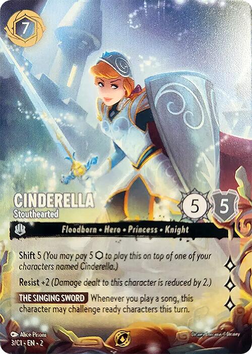 A Disney Lorcana trading card featuring Floodborn Cinderella is named "Cinderella - Stouthearted (3) [Promo Cards]." She's portrayed in armor, holding a sword and shield. The Promo Card details are at the bottom. It includes abilities Resist +2 and The Singing Sword, along with stats and a cost of 7 in the top left corner.