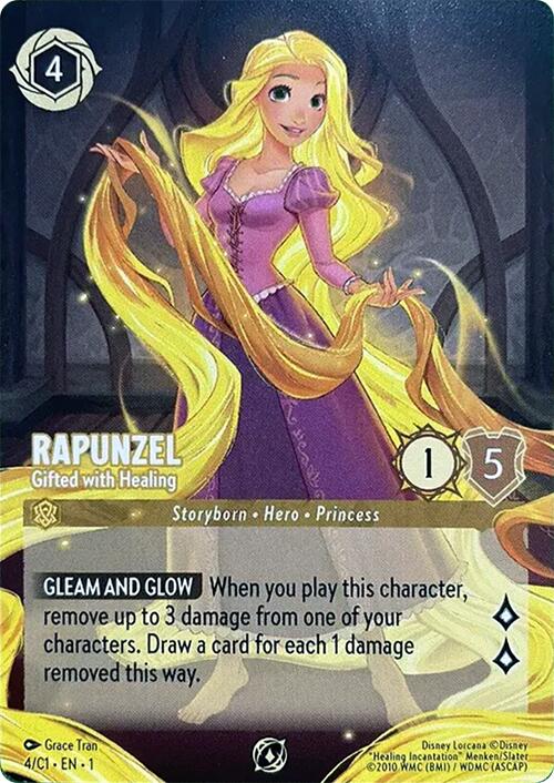 The Disney Promo Card titled "Rapunzel - Gifted with Healing" is a fantasy-themed collectible. It features Rapunzel with her iconic long, golden hair and dressed in a purple gown. The card displays the stats: a "4" in the top-left corner, and a "1" and "5" in the bottom-right. Her abilities are listed under the titles "Rapunzel" and "Gleam and Glow.